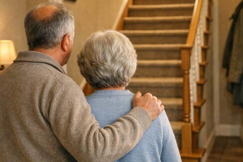 Ein älteres Paar steht in seiner Immobilie vor der Treppe und überlegt, ob sie ihre Immobilie barrierefrei umbauen sollen | Wohnen im Alter