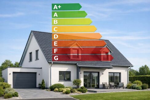 Ein gepflegtes Einfamilienhaus in Deutschland, aufgenommen bei Tageslicht, leicht schräg von vorne. Über dem Haus schwebt transparent und klar erkennbar die Energieeffizienz-Skala eines Energieausweises von grün bis rot mit Buchstaben A+ bis H. Seriöser, professioneller Stil, neutrale Farben, keine Personen, ruhiger Hintergrund, hochwertige Fotografie als Symbolbild zum Thema Energieausweis | Energieausweis