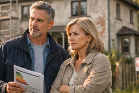 Bild eines Paares Mitte 50, das nachdenklich vor einem älteren Einfamilienhaus steht. Das Haus wirkt leicht renovierungsbedürftig mit sichtbarer alter Fassade und älteren Fenstern, aber nicht verfallen. Der Mann hält Unterlagen oder einen Energieausweis in der Hand, die Frau verschränkt leicht die Arme. Im Hintergrund dezent ein Baugerüst an einer Hausseite, ein kleines, unscharfes „Zu verkaufen“-Schild am Gartenzaun. | Immobilienbewertung
