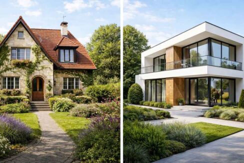 Geteilte Bildschirmaufnahme im Kino-Stil, die zwei gleich attraktive Häuser nebeneinander zeigt. Linke Seite: ein charmantes älteres europäisches Haus mit Charakter, detaillierte Fassade, warme Farben, traditionelle Architektur, gut gepflegt, schöner Garten, sonniges Tageslicht. Rechte Seite: ein modernes neu gebautes Haus, klares Design, große Fenster, zeitgenössische Architektur, helle Fassade, angelegter Garten, sonniges Tageslicht. Neubau oder Bestandsimmobilie
