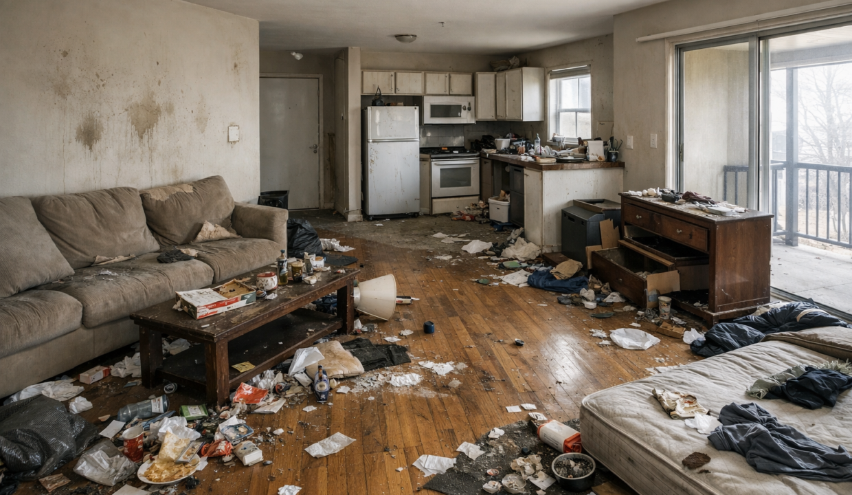 Eine verwahrloste und beschädigte Wohnung nach dem Auszug eines Mieters. Verschmutzte Böden, verstreute Gegenstände und Unordnung prägen das Bild, an den Wänden sind Gebrauchsspuren zu sehen, einige Möbel wirken beschädigt. Tageslicht fällt durch die Fenster. Mietnomaden