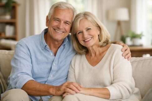 Foto eines glücklichen älteren Paares, das zusammen auf einem bequemen Sofa in seinem eigenen Wohnzimmer sitzt, entspannte und zufriedene Gesichtsausdrücke, elegante aber legere Kleidung. Verrentung