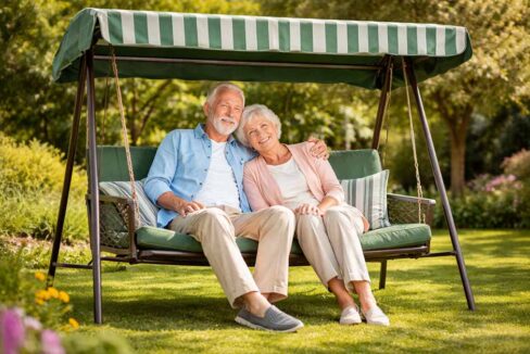Ein Seniorenpaar auf einer Hollywoodschaukel. Wohnen im Alter
