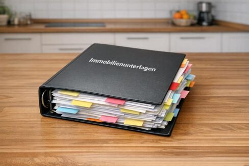Auf einem Küchentisch in der Mitte der Küche liegt ein dicker Ordner mit Immobilienunterlagen für den Immobilienverkauf. Zwischen einigen Blättern im Ordner kleben Klebezettel und befinden sich Trenner. Auf dem Deckel des Ordners steht "Immobilienunterlagen". | Checkliste Unterlagen Immobilienverkauf