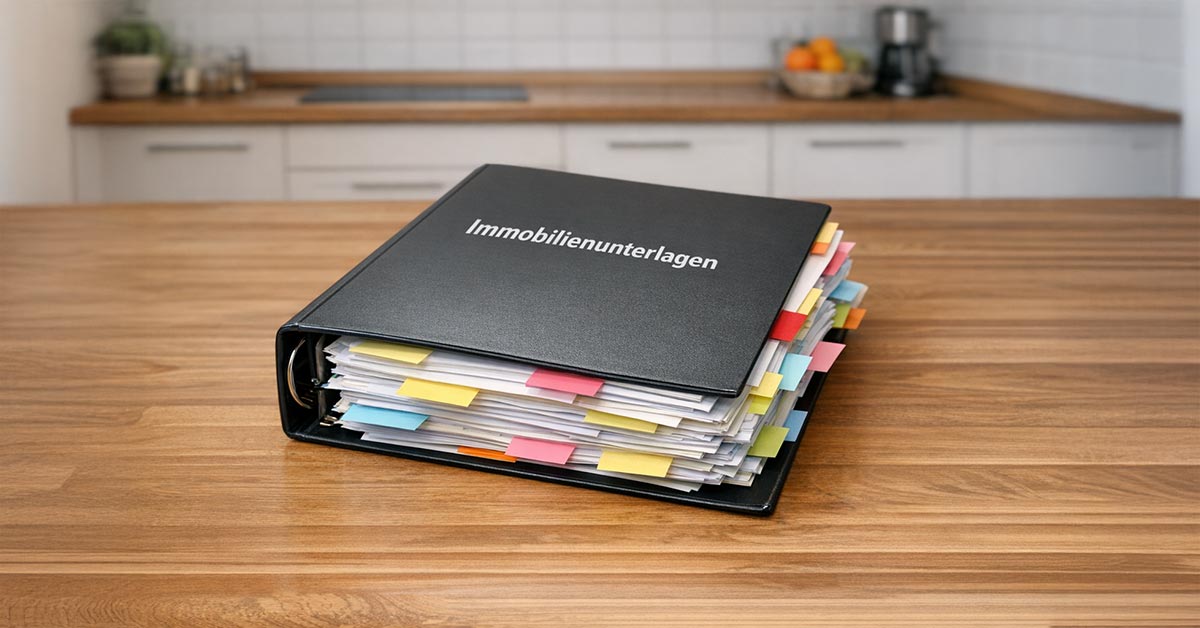 Auf einem Küchentisch in der Mitte der Küche liegt ein dicker Ordner mit Immobilienunterlagen für den Immobilienverkauf. Zwischen einigen Blättern im Ordner kleben Klebezettel und befinden sich Trenner. Auf dem Deckel des Ordners steht "Immobilienunterlagen". | Checkliste Unterlagen Immobilienverkauf