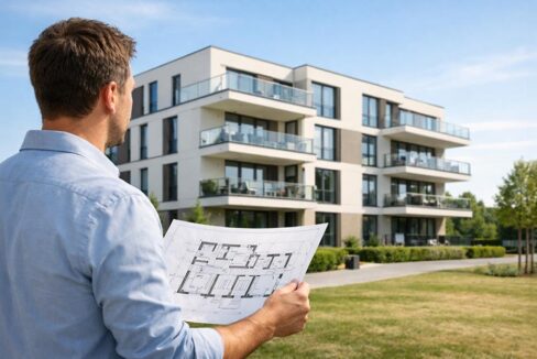 Mann mit Bauplan vor modernem Neubau-Mehrfamilienhaus, symbolisch für den Kauf einer Neubauimmobilie vom Bauträger. | Immobilienkauf