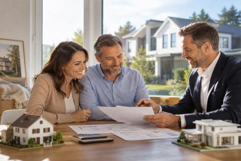 Paar bespricht mit einem Immobilienberater Finanzierungsunterlagen für den Hausverkauf und -kauf; Modellhäuser und Grundrisse veranschaulichen die Zwischenfinanzierung. | Zwischenfinanzierung