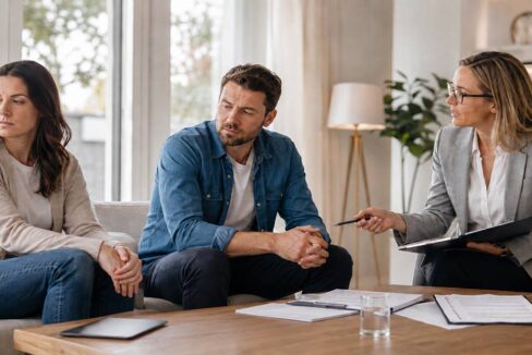 Ein angespanntes Paar sitzt bei einem Beratungsgespräch mit einer Fachfrau am Tisch, auf dem Unterlagen zur Aufteilung eines gemeinsamen Hauses liegen. I Trennung ohne Trauschein