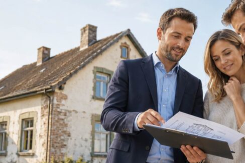 Ein Immobilienberater bespricht mit einem Paar vor einem älteren Haus Baupläne und mögliche Renovierungskosten beim Hauskauf. I Renovierungskosten