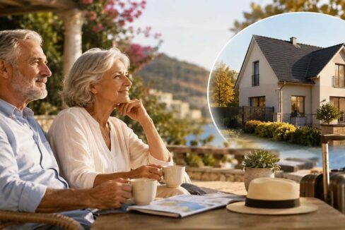 Älteres Paar sitzt mit Kaffee auf einer Terrasse am Meer und blickt in die Ferne, daneben ein eingeblendetes Haus als Symbol für den Immobilienverkauf vor dem Lebensabend im Ausland. I Lebensabend im Ausland