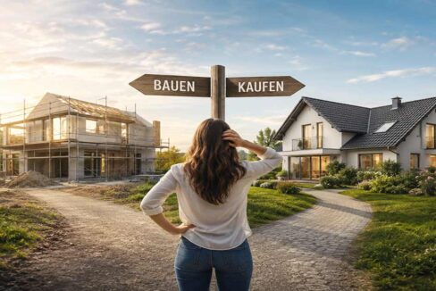 Frau steht vor der Entscheidung zwischen Neubau und Hauskauf mit Wegweisern „Bauen“ und „Kaufen“ vor zwei Immobilien. I Bauen oder kaufen?