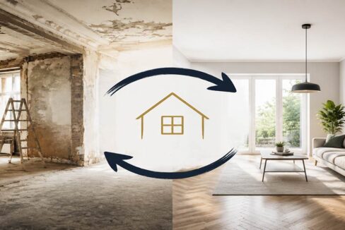 Symbolbild für Immobilienhandel: Eine renovierungsbedürftige Immobilie wird durch einen Umbauprozess in ein modernes Zuhause verwandelt, dargestellt durch zwei Gebäudeseiten mit Pfeilen und Haussymbol. I Immobilienhandel