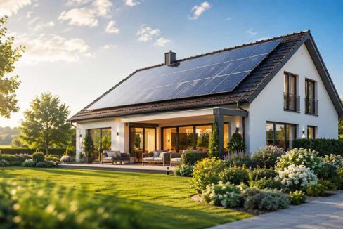 Modernes Einfamilienhaus mit Photovoltaikanlage auf dem Dach – Solarenergie als wertsteigernder Faktor beim Immobilienverkauf. I Photovoltaik beim Immobilienverkauf