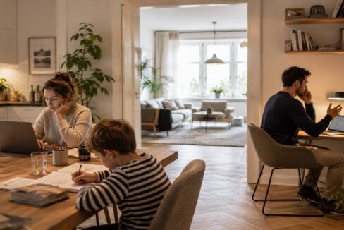 Familie im Homeoffice: Eine Frau arbeitet am Laptop am Esstisch, während ein Kind daneben Hausaufgaben macht und ein Mann in einem separaten Arbeitsbereich telefoniert. I Homeoffice-Boom