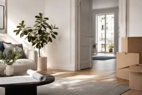 Helles, modern eingerichtetes Wohnzimmer mit Sofa, Zimmerpflanzen, Umzugskartons und offenen Türen – Symbolbild zum Thema Eigenbedarfskündigung