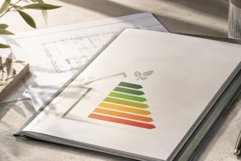 Bedarfsausweis mit farbiger Energieeffizienzskala von Grün bis Rot auf einem Tisch, daneben Baupläne, Zweige und ein Stift.