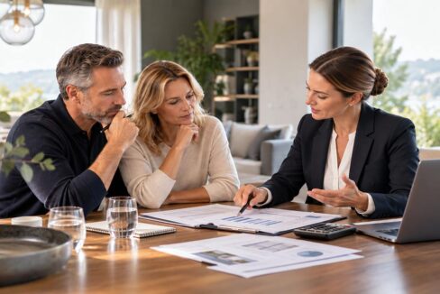 Paar im Beratungsgespräch mit einer Immobilienmaklerin über Unterlagen zum Immobilienverkauf.