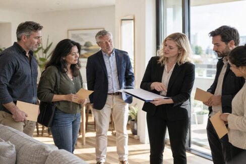 Eine Immobilienmaklerin erläutert einer Gruppe von Interessenten Unterlagen zu einem Bieterverfahren in einer hellen, modernen Wohnung.