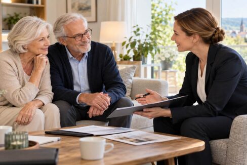 Älteres Paar im hellen Wohnzimmer im Gespräch mit einer Beraterin über Unterlagen zum Thema Wohnen im Alter.