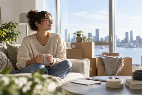 Junge Frau sitzt allein mit einer Tasse Kaffee auf dem Sofa ihrer neuen Wohnung, umgeben von Umzugskartons, mit Blick auf die Skyline einer Großstadt. | Immobilienfinanzierung