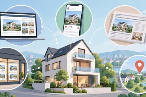 Illustration eines modernen Hauses, umgeben von verschiedenen Immobilien-Vermarktungskanälen wie Online-Portalen, Social Media, Zeitungsanzeigen und Makler-Schaufenstern. | Immobilienverkauf